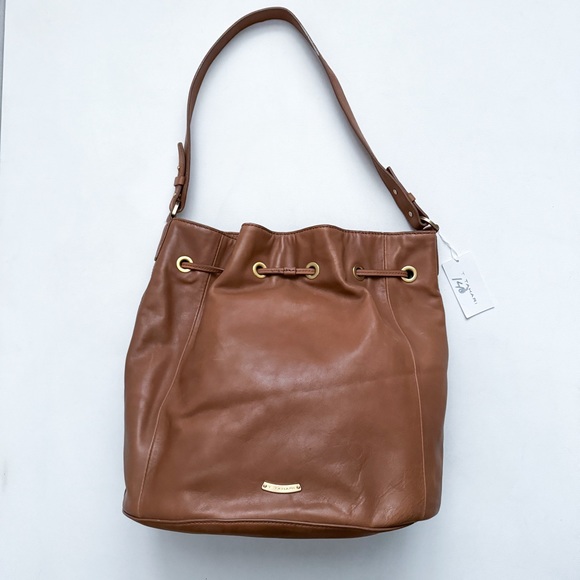 T Tahari Tan Leather Drawstring Hobo Bucket Bag With Dust Bag - Picture 4 of 10
